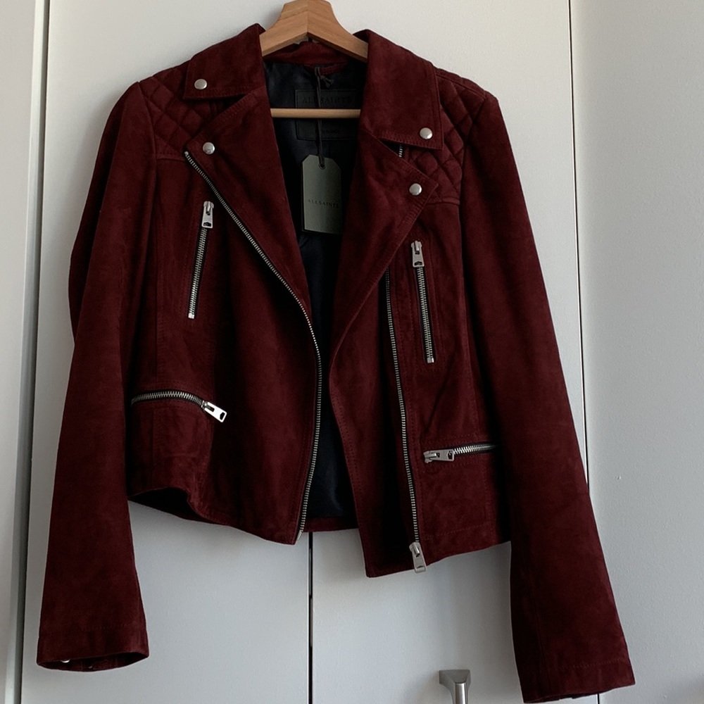 NWT Allsaints catch suade leather jacket burgundy size 8 fit small